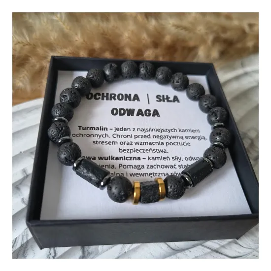 BRANSOLETKA MĘSKA LAWA WULKANICZNA TURMALIN HEMATYT OCHRONA SIŁA ODWAGA